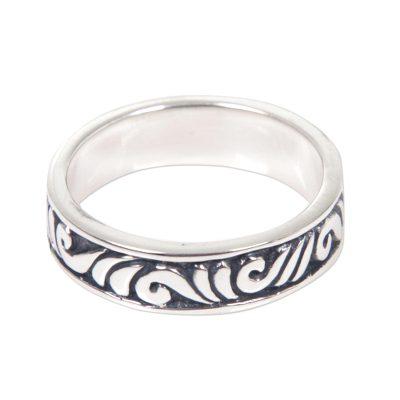 Timeless Elegance,'Indonesian 925 Sterling Silver Band Ring with Leaf Motifs'