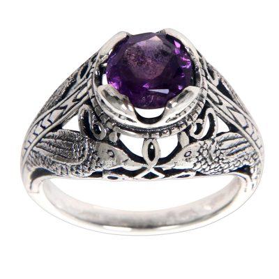 Starling Romance,'Bird Theme Amethyst and Sterling Silver Balinese Ring'