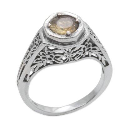 Magic Garden,'Ornate Citrine Solitaire Ring with 925 Silver Floral Cutouts'