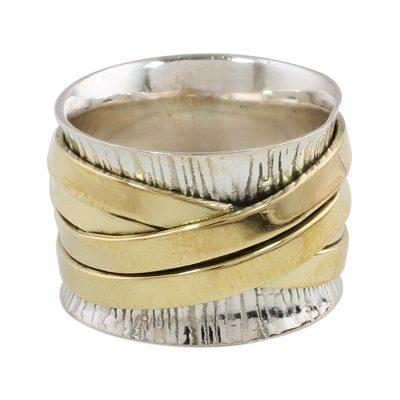 Indian Band Ring Hand Crafted of Sterling Silver and Brass 'Crisscrossing Grace'