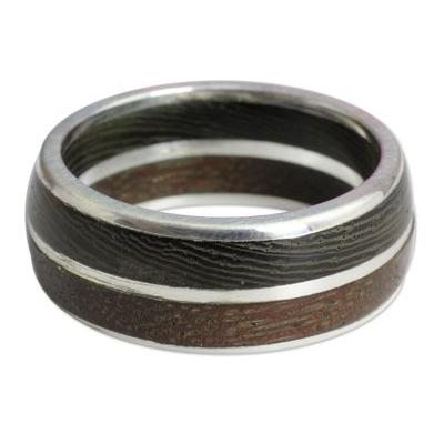 Men's Sterling silver and wood ring, 'Natural Guy'
