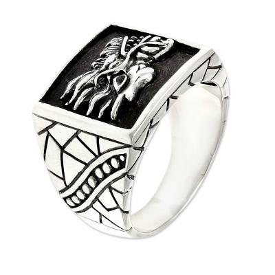 Men's sterling silver signet ring, 'Dragon Spirit'