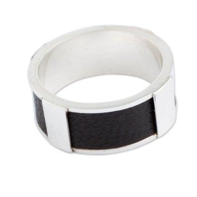 Sterling silver band ring, 'Leather Minimalist'