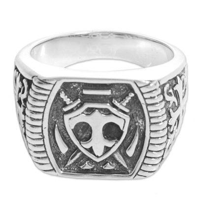 Shield of Indra,'Sterling Silver Shield Men's Signet Ring from Indonesia'