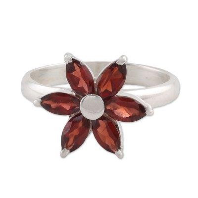 Sparkling Daisy,'Garnet and Sterling Silver Floral Ring from India'