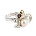 Gold accent cultured pearl and garnet cocktail ring, 'Andean Rune'
