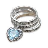 Love Sparkles,'Blue Topaz Heart in 3 Sterling Silver Stacking Rings'
