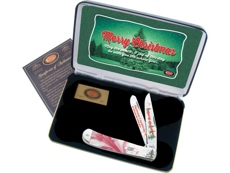 Case Merry Christmas Trapper Folding KnifeStainless SteelClip and SpeyPeepermintCorelon Handle CAT-MC/PM