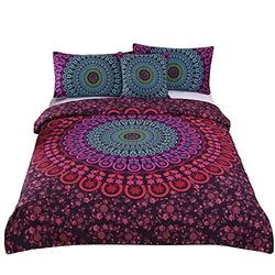 Andrui Bohemian Mandala Bedding Red & Purple Multicolor Romantic Floral Duvet Cover and Pillowcase Set Boho King Size Bed Set Zipper Closure Easy Care Luxury Trendy Quilt Cover Bedding Set