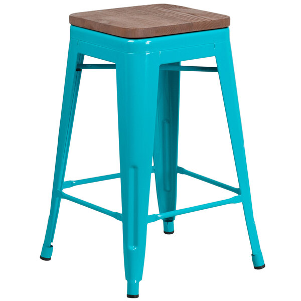Flash Furniture ET-BT3503-24-CB-WD-GG 24" Crystal Teal-Blue Stackable Metal Backless Counter Height Stool with Square Wood Seat