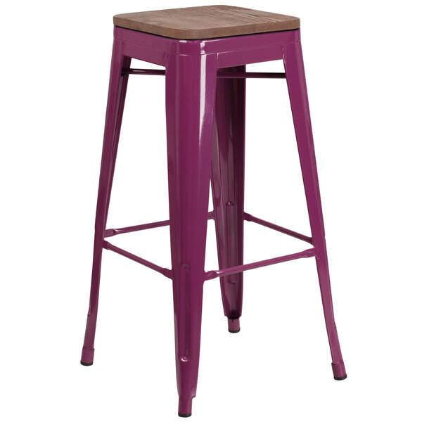 "Flash Furniture ET-BT3503-30-PUR-WD-GG 30"" Purple Stackable Metal Backless Bar Height Stool with Square Wood Seat"
