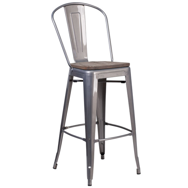 "Flash Furniture XU-DG-TP001B-30-WD-GG 30"" Clear Coated Metal Bar Height Stool with Vertical Slat Back and Square Wood Seat"