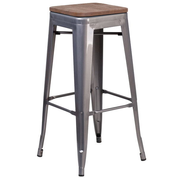 "Flash Furniture XU-DG-TP0004-30-WD-GG 30"" Clear Coated Stackable Metal Backless Bar Height Stool with Square Wood Seat"