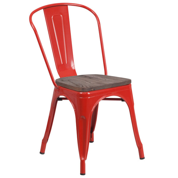 Flash Furniture CH-31230-RED-WD-GG Red Stackable Metal Chair with Vertical Slat Back and Wood Seat