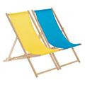 Harbour Housewares 2 Piece Yellow & Light Blue Wooden Deck Chair Traditional FSC Wood Folding Adjustable Garden/Beach Sun Lounger Recliner