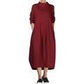 Vogstyle Women's Spring/Autumn Collar Baggy Dress with Pockets Style 1-Burgundy 2XL