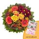 Dominik Blumen und Pflanzen, Blumenstrauß "Füllhorn" mit orangen Rosen und Germini und Grußkarte "Alles Liebe"