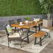 Williston Forge Lugenia 6 Piece Teak Outdoor Dining Set w/ Cushions Wood/Wicker/Rattan in Brown/White | 29.75 H x 70.75 W x 35.5 D in | Wayfair