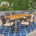 Red Barrel Studio® 7 Piece Teak Outdoor Dining Set w/ Cushions Wood/Wicker/Rattan in Brown/White | 30 H x 70.75 W x 34.5 D in | Wayfair