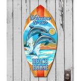 Designocracy Welcome to Our Beach House' Dolphins Surfboard en Decorative Holiday Hanging Figurine Door Hanger Wall Decor | Wayfair 8114070H