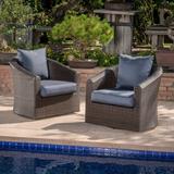 Red Barrel Studio® Dierdre Swivel Patio Chair w/ Cushions Wicker/Rattan in Gray/Blue | 31 H x 32.5 W x 31.25 D in | Wayfair RDBT6111 42663586