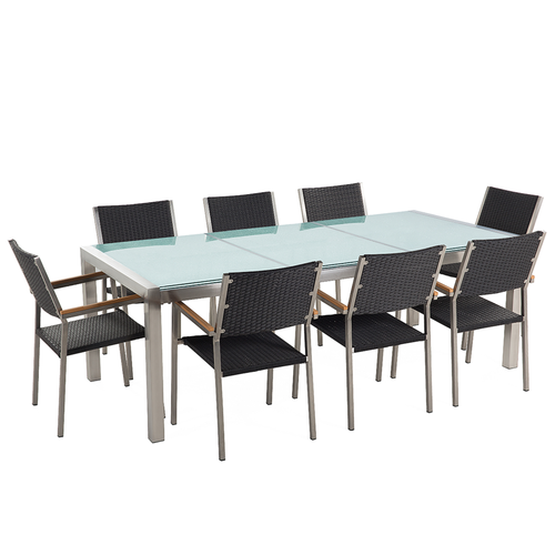 Gartenmöbel Set Schwarz Sicherheitsglas Edelstahl Tisch 220 cm 8 Rattanstühle Terrasse Outdoor Modern