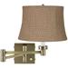 Natural Burlap Antique Brass Plug-In Swing Arm Wall Light