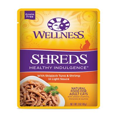 Wellness Healthy Indulgence Natural Grain Free Shreds with Tuna & Shrimp in Light Sauce Wet Cat Food, 3 oz., Case of 12