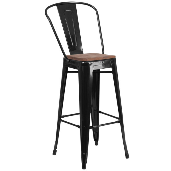 "Flash Furniture CH-31320-30GB-BK-WD-GG 30"" Black Stackable Metal Bar Height Stool with Vertical Slat Back and Wood Seat"