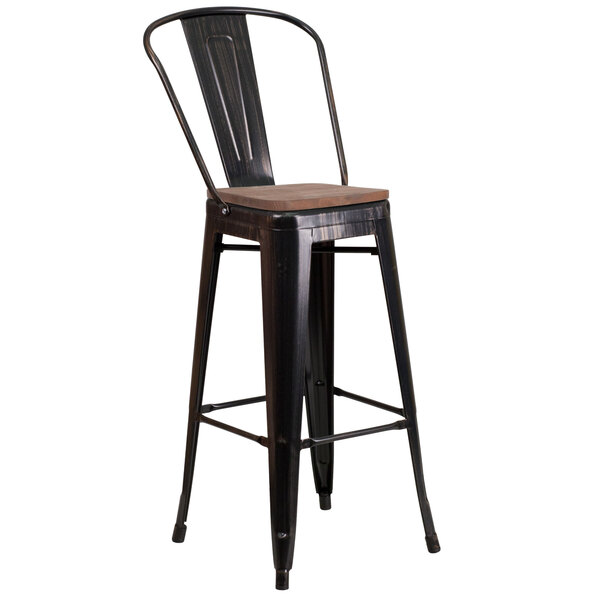 Flash Furniture CH-31320-30GB-BQ-WD-GG 30" Black-Antique Gold Stackable Metal Bar Height Stool with Vertical Slat Back and Wood Seat