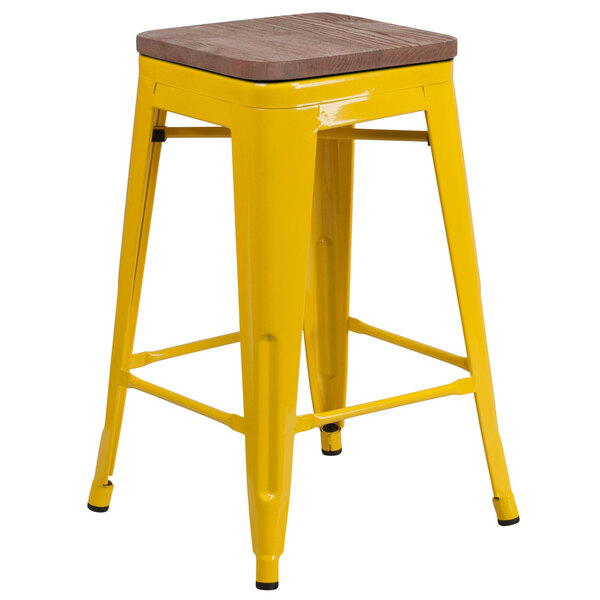 Flash Furniture CH-31320-24-YL-WD-GG 24" Yellow Stackable Metal Backless Counter Height Stool with Square Wood Seat