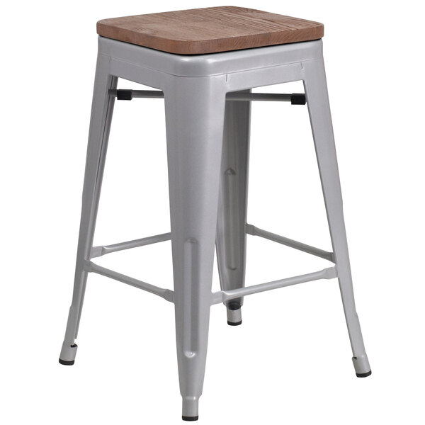 Flash Furniture CH-31320-24-SIL-WD-GG 24" Silver Stackable Metal Backless Counter Height Stool with Square Wood Seat