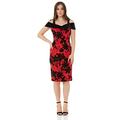 Roman Originals Women Floral Flock Cold Shoulder Dress - Ladies Lined Flowery Contrast Sweetheart Velvet Neckline Pencil Strappy Casual Formal Parties Wedding Smart - Red - Size 14