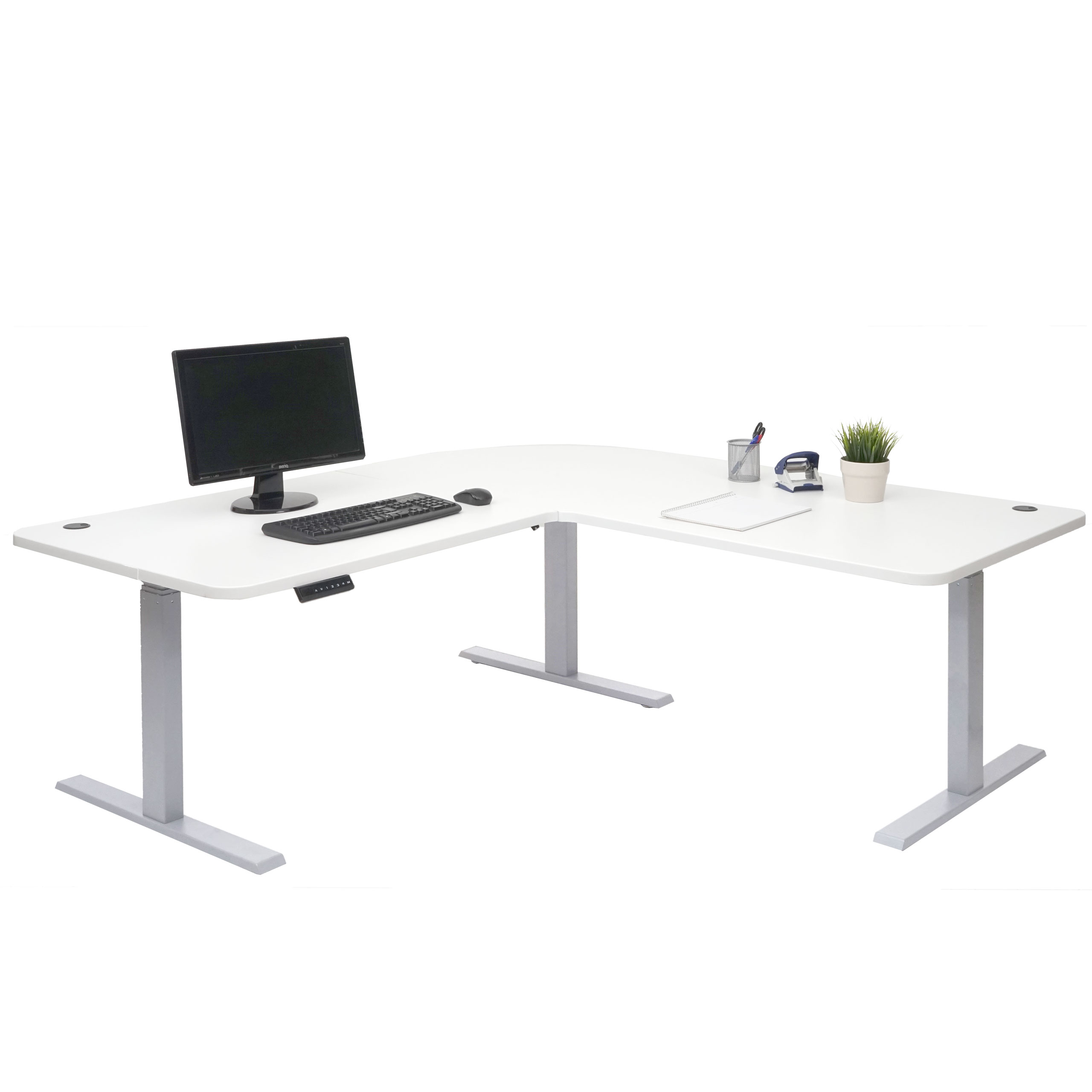 Eck-Schreibtisch HWC-D40, Computertisch elektrisch höhenverstellbar 178x178cm 84kg MVG ~ weiß, grau
