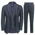 Mens Blue Tweed 3 Piece Suit Vintage Herringbone Black Suede Trim Smart Tailored Fit[SUIT-X6058-3-BLUE-40,UK/US 40 EU 50,Trouser 34"]
