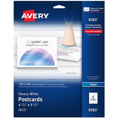 Avery® 08383 5 1/2" x 4 1/4" Glossy White Printable Two-Sided Postcard - 100/Pack