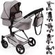 Bayer Design 18410AA Stroller, Doll Combi Pram Neo Vario with Changing Bag and Underneath Shopping Basket, Foldable, Swivel Front Wheels, Grey with Crown
