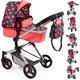 Bayer Design 18405AA Stroller, Doll Combi Pram Neo Vario with Changing Bag and Underneath Shopping Basket, Foldable, Swivel Front Wheels, Coral Red with Stars and Hearts