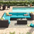 Wade Logan® Ayomikun 9 Piece Rattan Sectional Seating Group w/ Cushions Synthetic Wicker/All - Weather Wicker/Wicker/Rattan in Brown/White | Outdoor Furniture | Wayfair