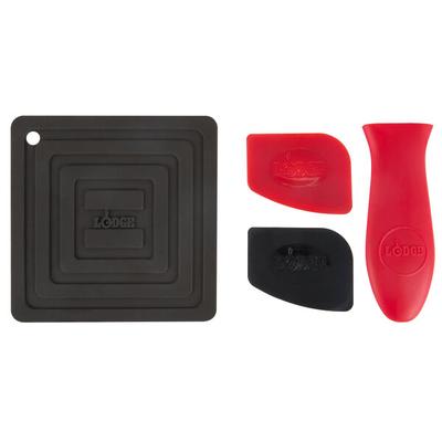 Lodge 7-Piece Essential Pre-Seasoned Cast Iron Skillet Set - Includes 8" and 10 1/4" Skillets, 10 1/2" Griddle, Silicone Handle Holder, Silicone Trivet, and Two Pan Scrapers