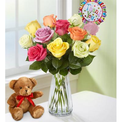 1-800-Flowers Flower Delivery Thank You Assorted Roses 12 Stems W/ Clear Vase & Bear | Happiness Delivered To Their Door