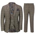 Mens 3 Piece Tweed Suit Tan Herringbone Check Retro Tailored Fit[SUIT-X3309-1-BROWN-42,UK/US 42 EU 52,Trouser 36"]