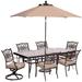 Fleur De Lis Living Carleton Rectangular 6 - Person 84" Long Outdoor Dining Set w/ Cushions & Umbrella Wood/Glass/Metal in Brown | Wayfair