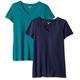 Amazon Essentials Damen Kurzärmeliges T-Shirt mit V-Ausschnitt, Klassischer Schnitt, 2er-Pack, Dunkelgrün/Marineblau, XS