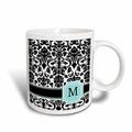 3dRose, Monogramm mit Buchstabe M, Blau, Schwarz und Weiß, Damask, klassisch, Personalisierbar, verwandelt Tasse, Keramik, Schwarz, 10,16 x 7,62 x 9,52 cm