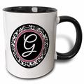 3dRose Buchstabe G Stilvolle Monogramm Circle-Girly Initiale Persönliches Damast mit Hot pink-Two Ton Tasse, Keramik, Schwarz, 10,2 x 7,62 x 9,52 cm