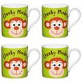 KitchenCraft Tassen aus feinem Cheeky Monkey Kinder bedruckt Motto, 250 ml (Set von 4), Bone China Porzellan, grün, 10,5 x 7,5 x 8,5 cm