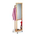 Relaxdays Rollgarderobe mit Spiegel, 360° drehbare Rollen, Haken, natürliche Optik, Bambus, H x D: 173 x 60cm, natur