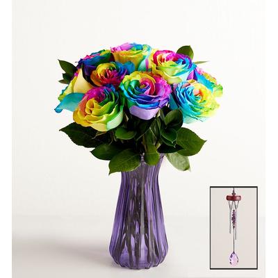 1-800-Flowers Flower Delivery Rainbow Roses 12 Stems W/ Purple Vase & Windchime