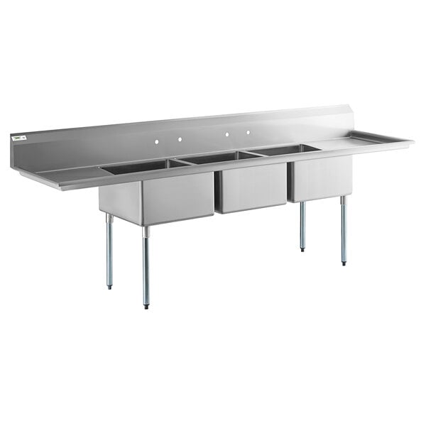 Regency 121" 16-Gauge Stainless Steel Three Compartment Commercial Sink with Galvanized Steel Legs and 2 Drainboards - 23" x 23" x 12" Bowls